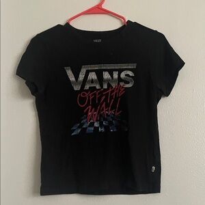 Vans Black Short Sleeve Tee with Red Script & Blue Checker